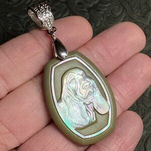 Basset Hound Dog Mother of Pearl Green Jasper Pendant